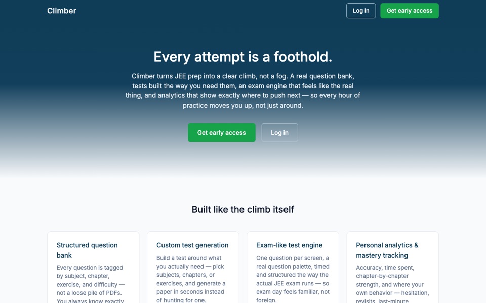 Climber landing page: Every attempt is a foothold.