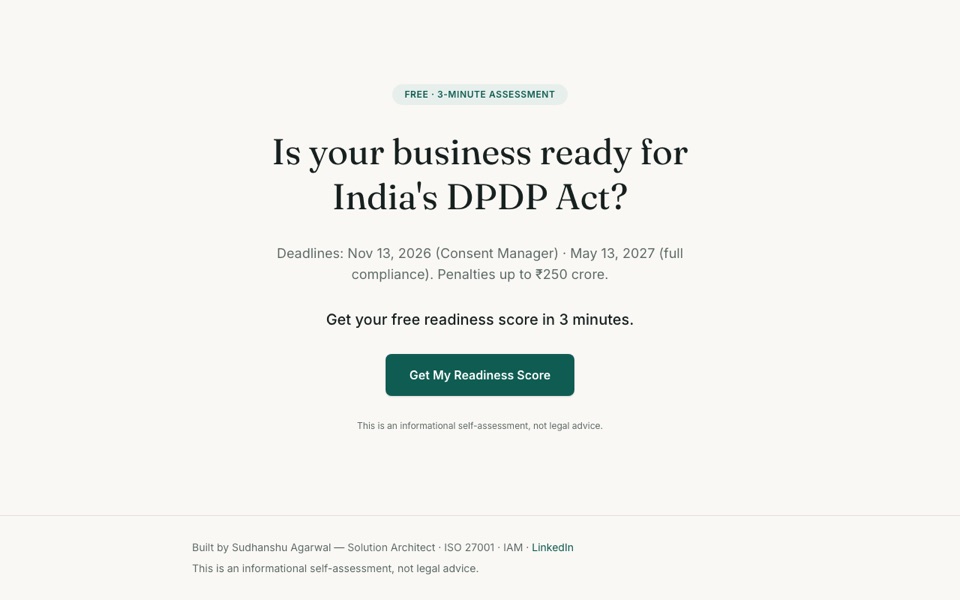 DPDP Readiness Tool start page: Is your business ready for India's DPDP Act?